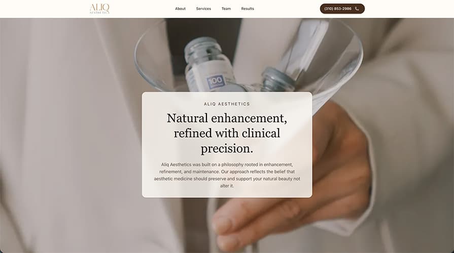 Desktop browser preview of the Aliq Aesthetics landing page showing navigation, hero section, and booking-focused layout