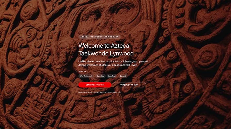 Azteca TKD website screenshot showing a martial arts organization homepage