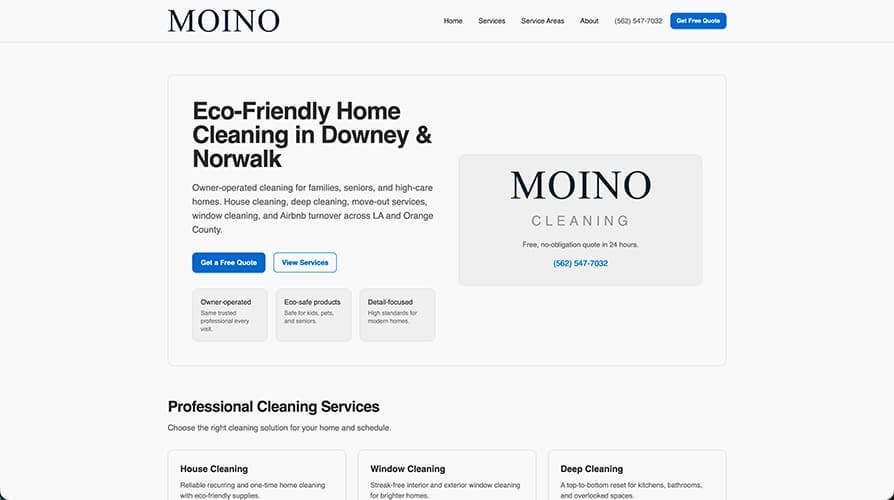 Moino Cleaning website screenshot showing a local cleaning service homepage